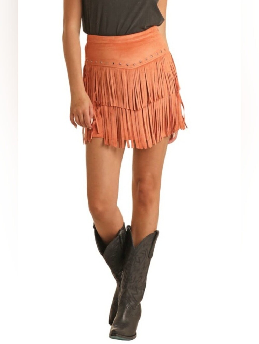 Rock N Roll Fringed Suede Mini Skirt in Coral Orange Boho